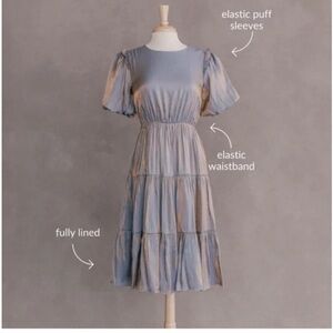 JessaKae Blue and Gold Midi Dress with Puff Sleeves